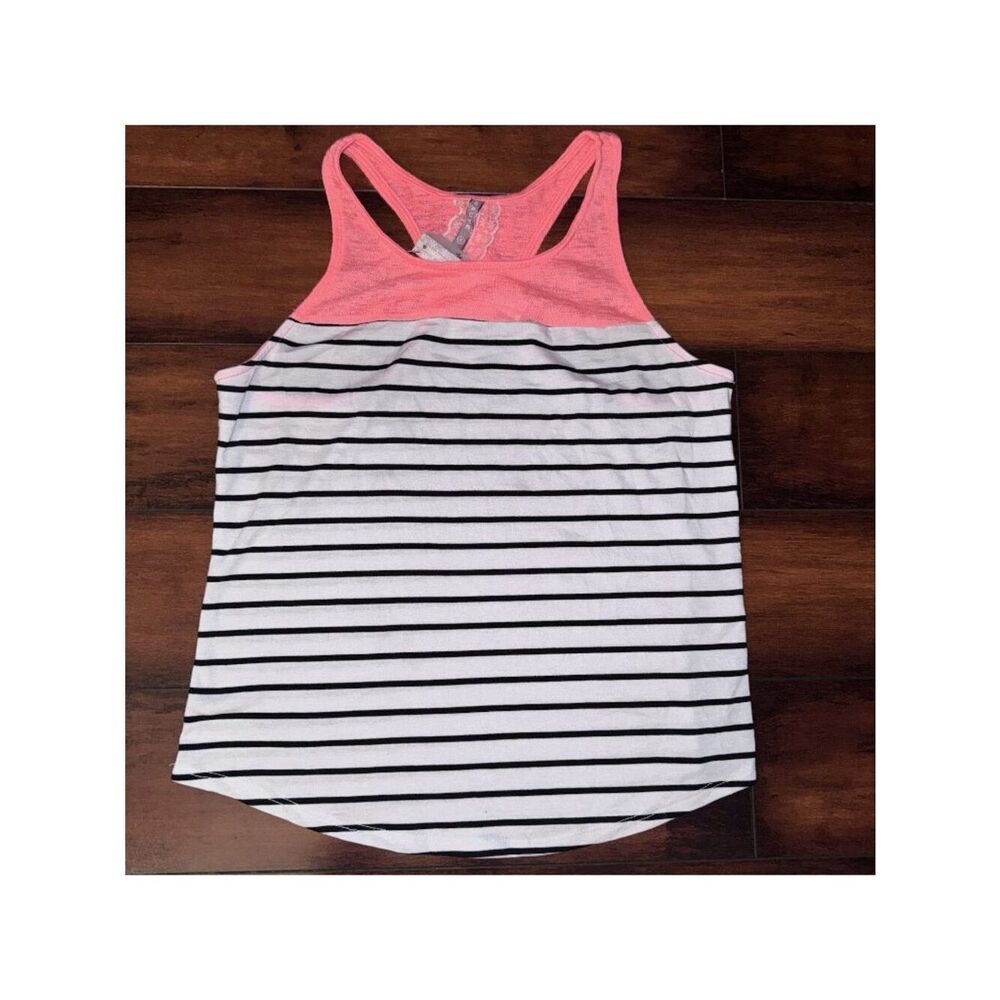 NWT Mauve Coral Pink Black White Striped Lightweight Tank Top Women’s Size M